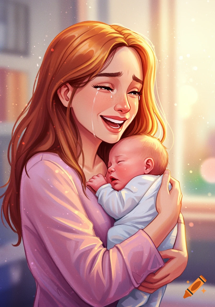 An illustration of a woman holding a sleeping baby, smiling with tears of happiness.