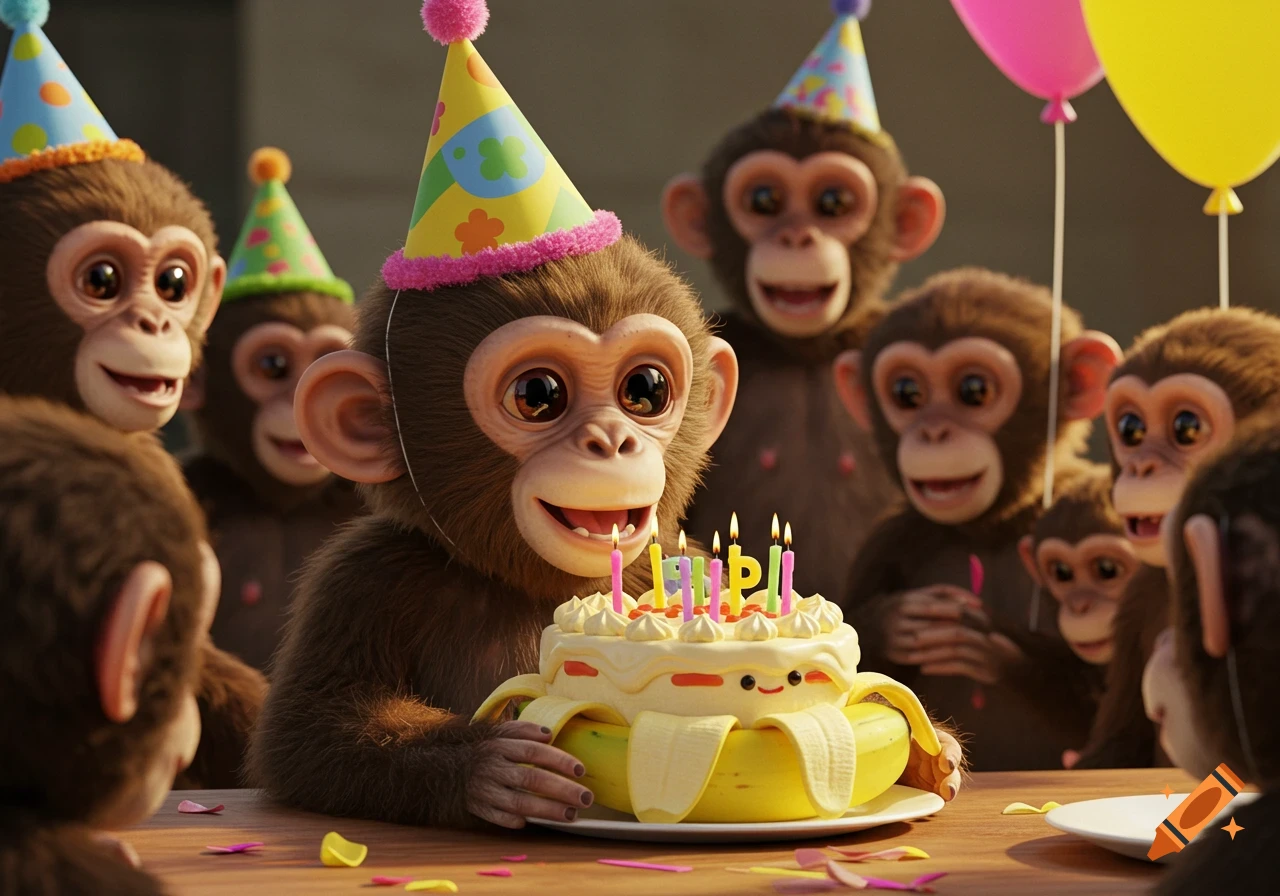 Realistic depiction of cute monkeys in party hats gathered around a banana birthday cake with candles and balloons.