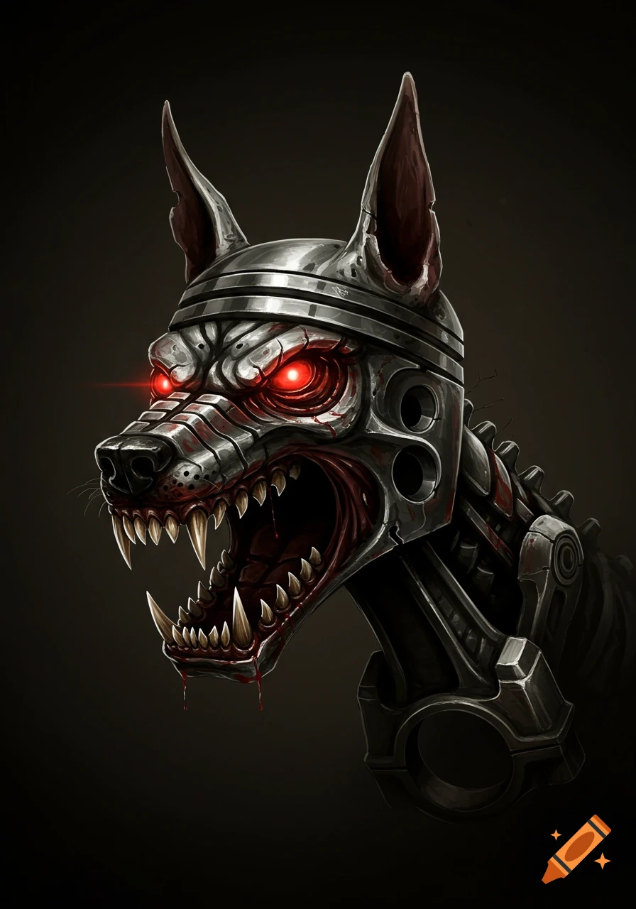 Detailed illustration of a mechanical cyborg dog head with red eyes and sharp teeth.
