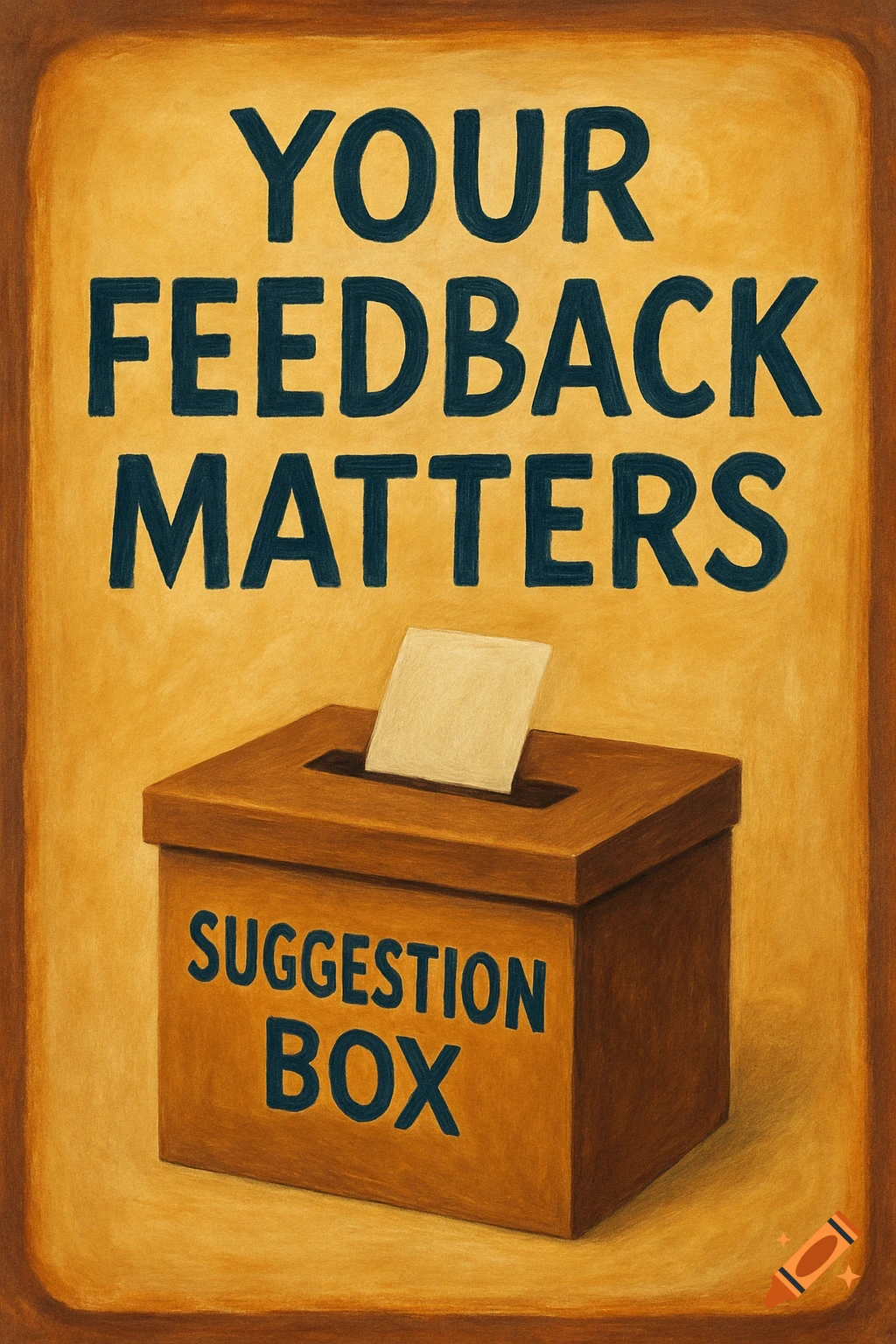 Illustration of a suggestion box with the text 'YOUR FEEDBACK MATTERS' above it and 'SUGGESTION BOX' on it.