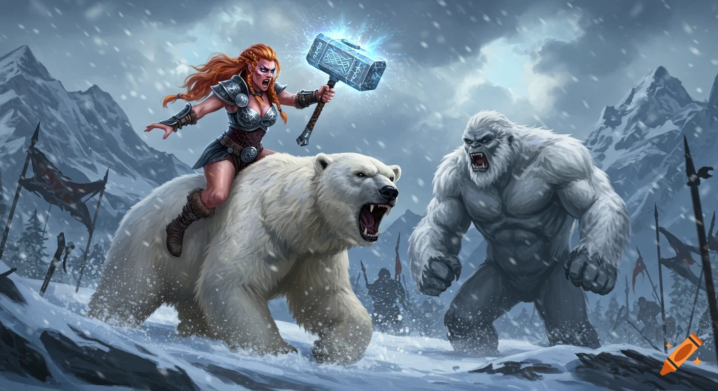 Viking warrior rides a polar bear into battle against a yeti in snowy mountains, holding a glowing warhammer. Fantasy art.