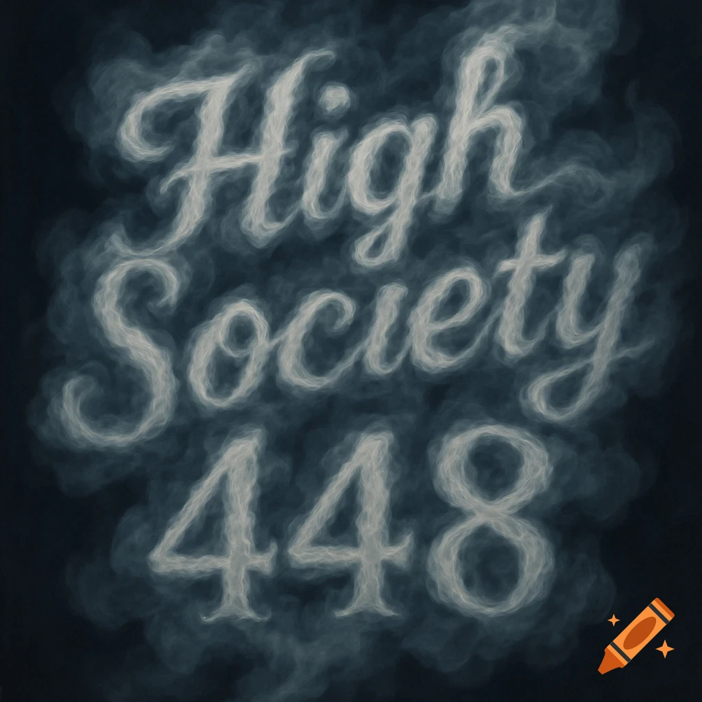 Text 'High Society 448' rendered in white smoke against a dark background.