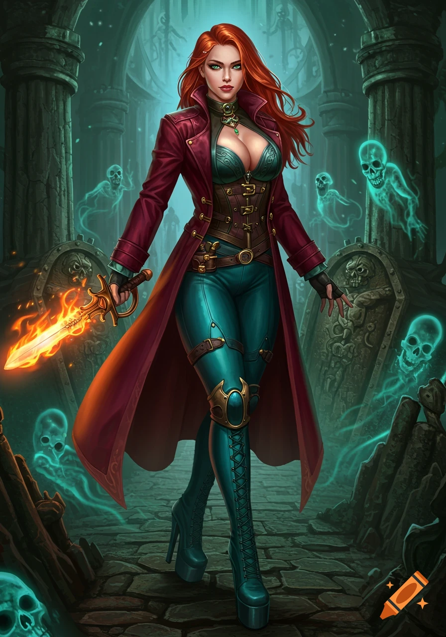 Red-haired woman rogue with a flaming sword walks through a fantasy tomb with ghosts.