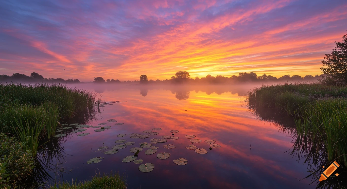 Sunrise over a misty lake with vibrant reflections and lily pads in the foreground.