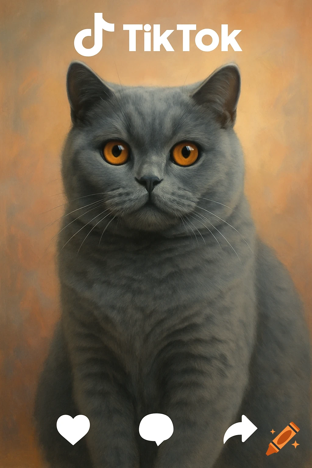 Digital painting portrait of a British Blue cat with TikTok logo and social media icons.
