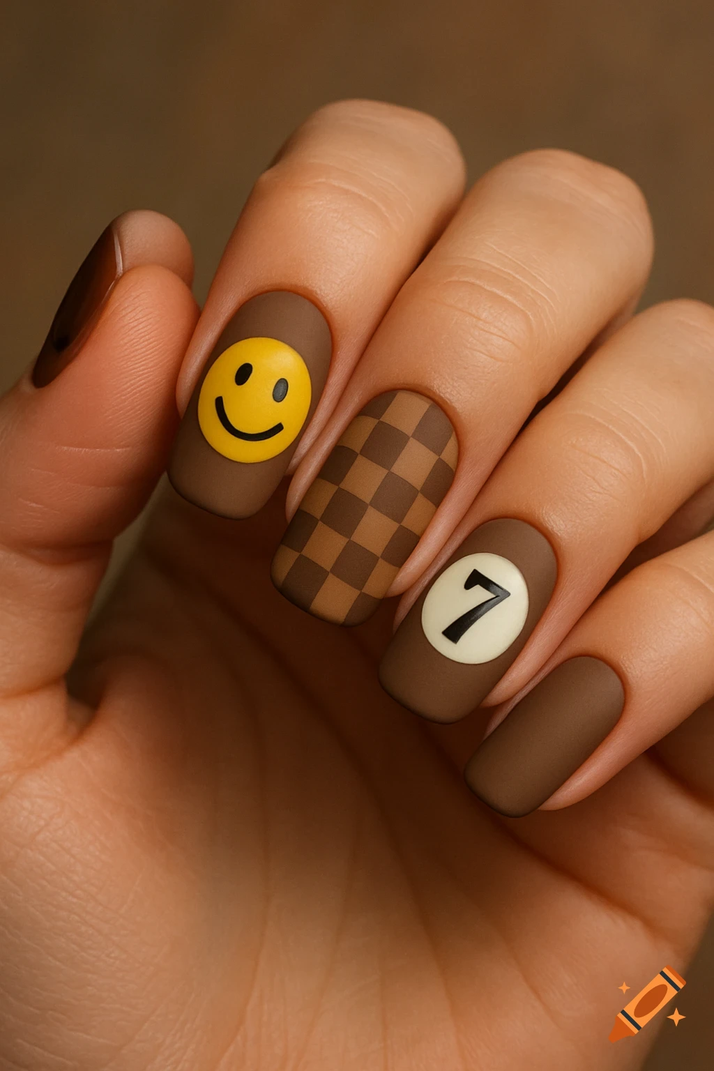 Hand with matte brown fingernails painted with a smiley face, checkerboard, and the number 7.