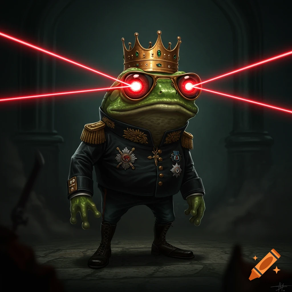 A menacing frog king in a military uniform with a golden crown shoots red laser beams from its eyes.
