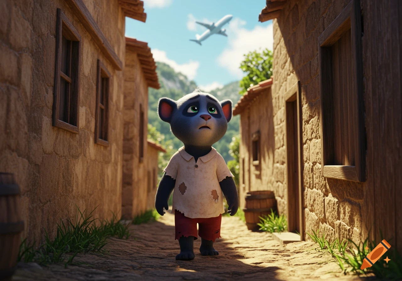 Cartoon panda cub walks down a sunlit village street looking up at an airplane flying overhead.