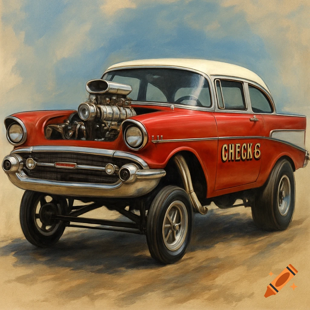 Red 57 Chevy gasser hot rod with white top and 'CHECK 6' on the side, painted style.