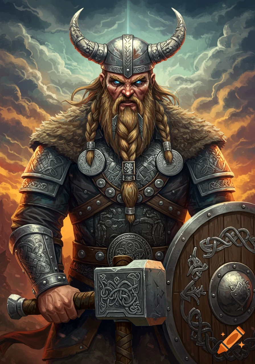 Close-up portrait of a fierce Viking warrior in a horned helmet, holding a hammer and shield, against a dramatic sky.