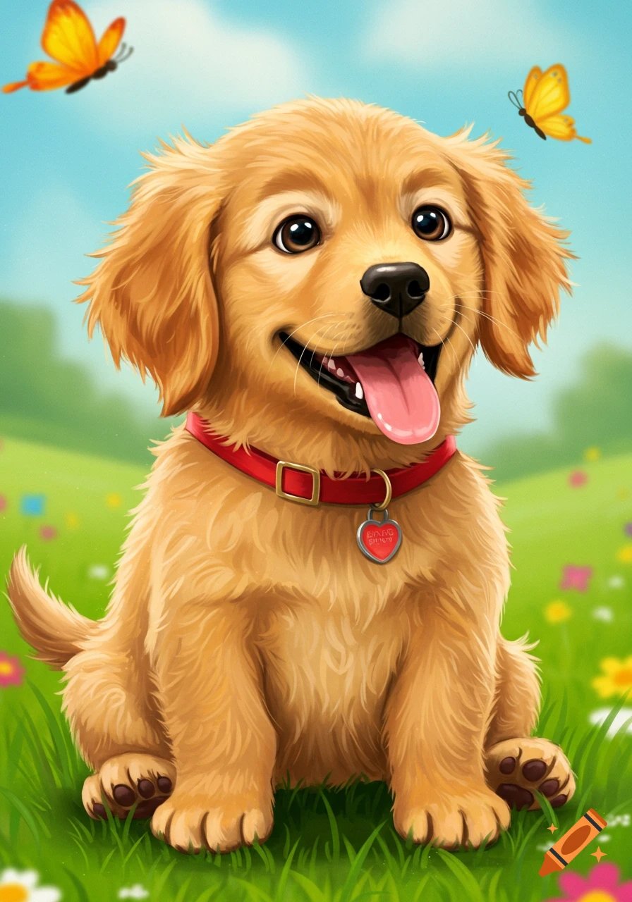 A cute golden retriever puppy sits in a grassy field with butterflies flying around.