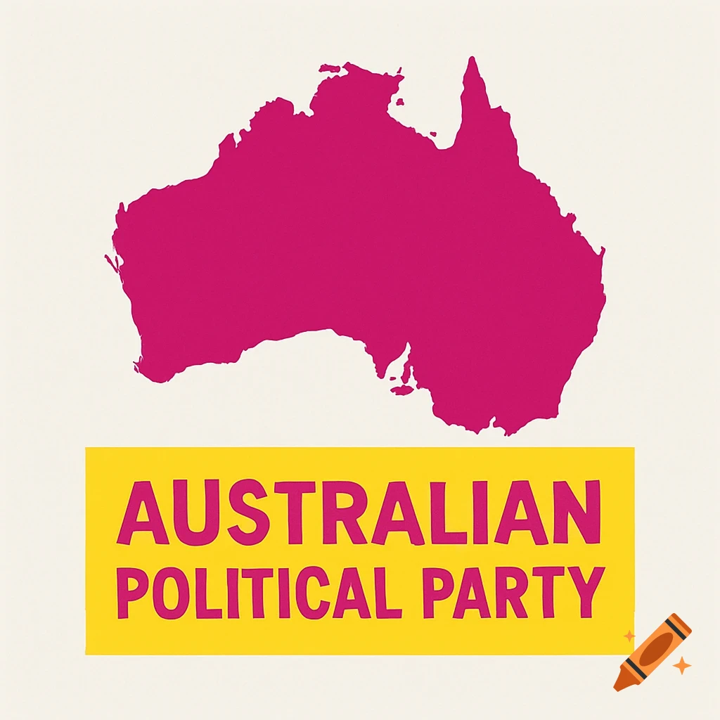 A pink silhouette of Australia above a yellow rectangle with pink text 'AUSTRALIAN POLITICAL PARTY'.