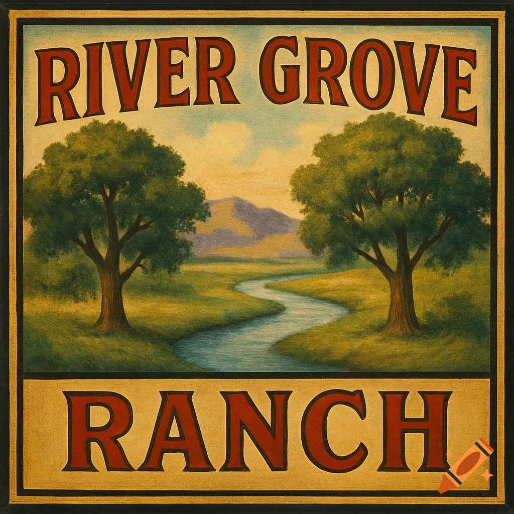 A vintage-style painting of a river winding through a landscape with trees and mountains. The text 'River Grove Ranch' is prominently displayed at the top and bottom.