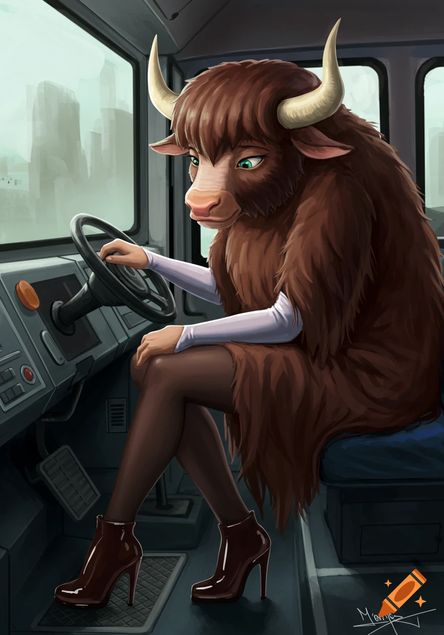 Anthropomorphic yak driving a bus.