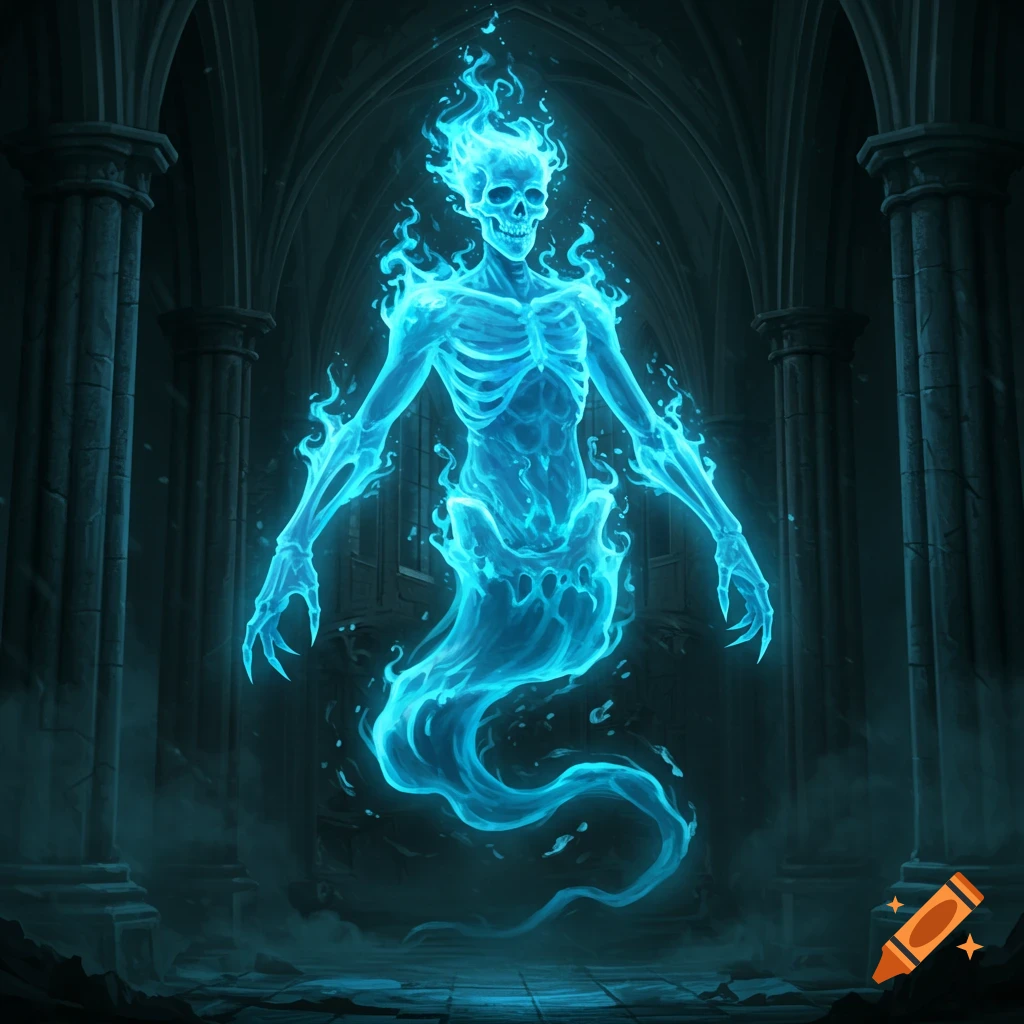 A glowing blue skeletal ghost floats in a dark, vaulted room.