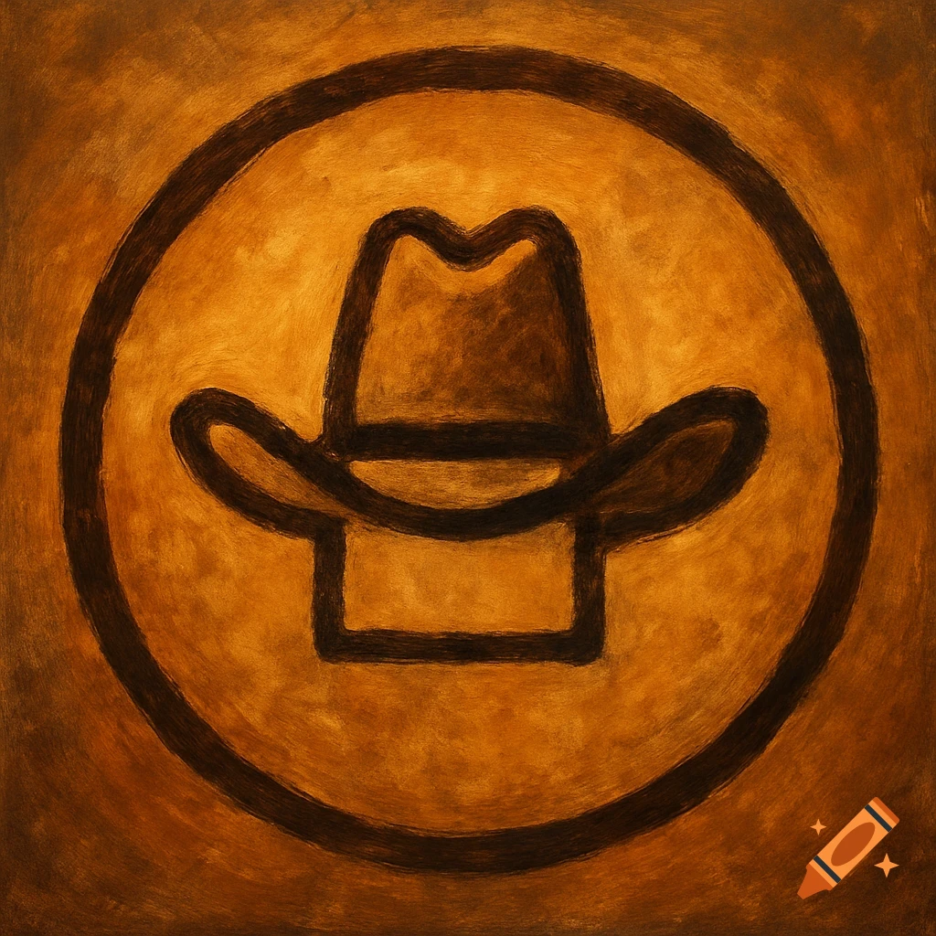 A brown cowboy hat symbol inside a circle on a textured brown background.
