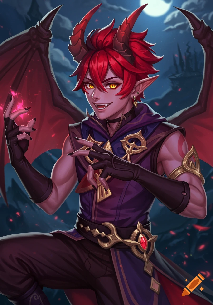An illustration of a fantasy character, a tiefling with red hair, horns, wings, and dark attire.
