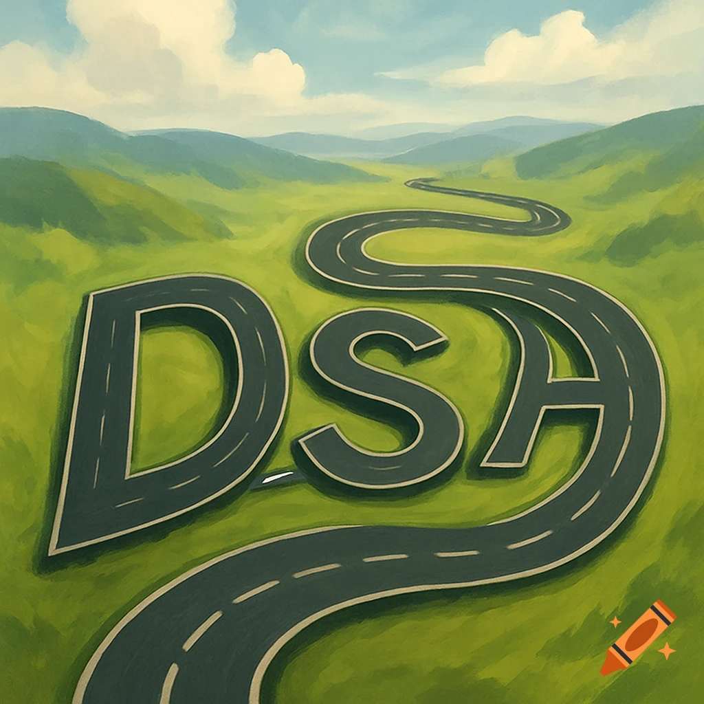 A road winding through a green valley forms the letters DSA.