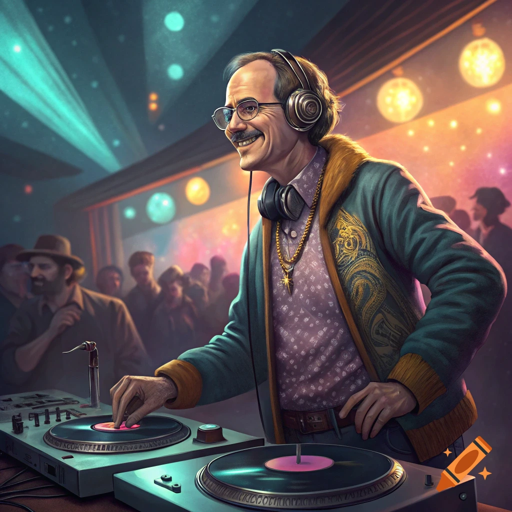 Older man with headphones DJing and smiling in a lively club with turntables and lights.