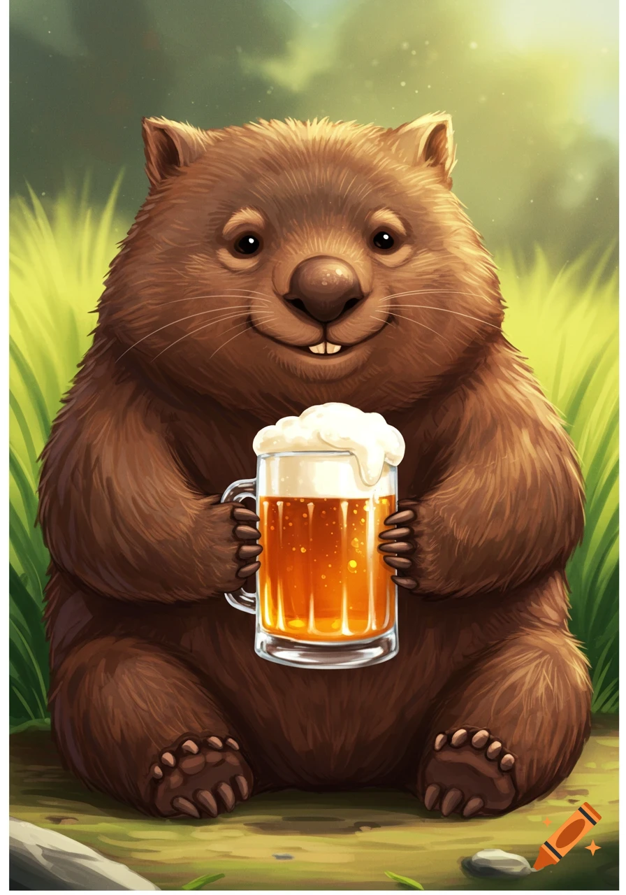 Cartoon illustration of a wombat sitting and holding a mug of beer.