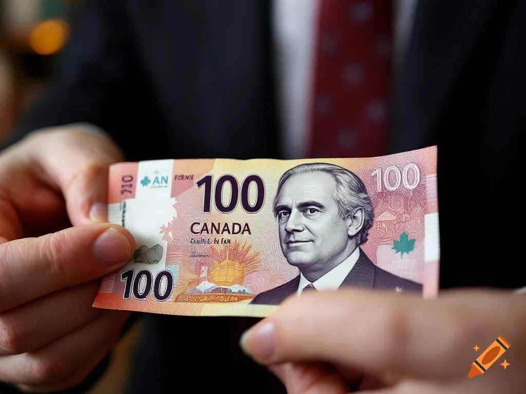 Close up of hands holding a Canadian 100 dollar bill.