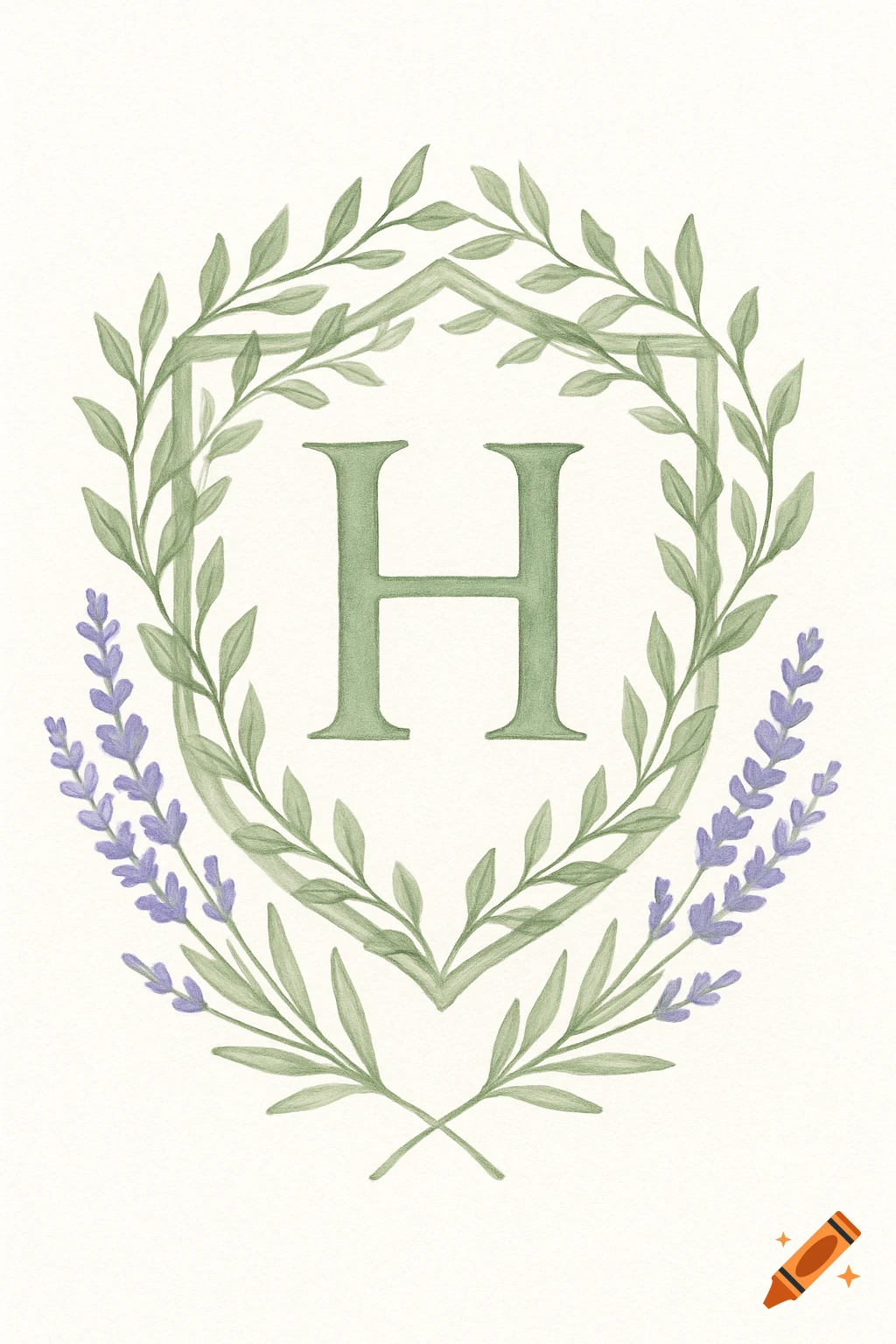 Watercolor illustration of a sage green letter H inside a crest of green vines with sprigs of lavender