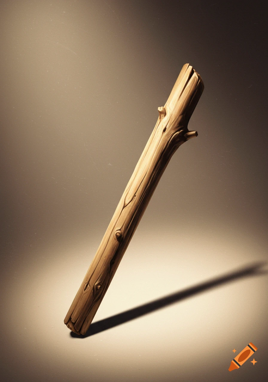 A detailed wooden stick stands leaning on a neutral background.