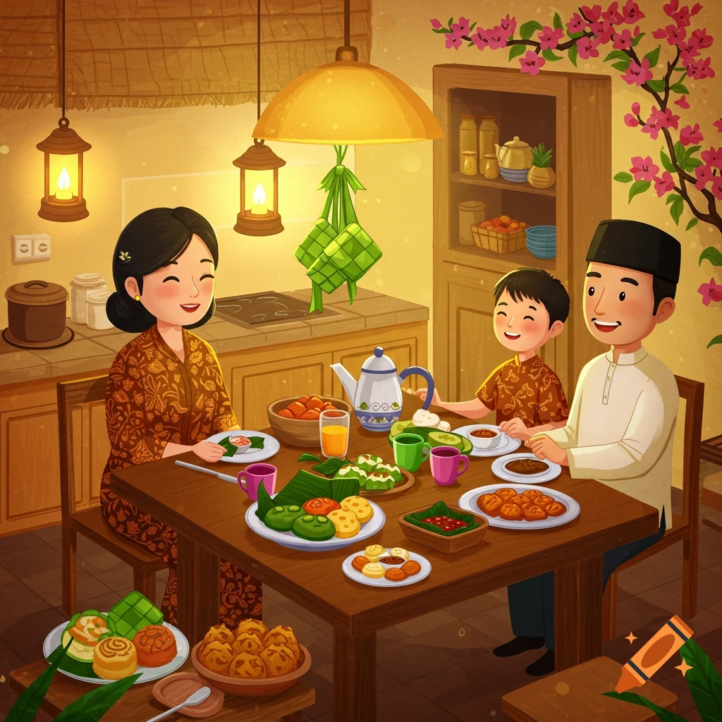 Illustration of a family eating a meal together at a table, with ketupat decorations.