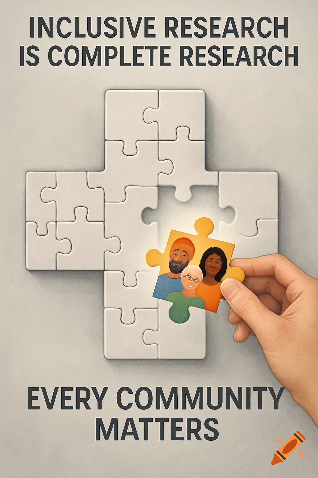 A hand places a puzzle piece featuring diverse people into a larger puzzle grid. Text: Inclusive Research is Complete Research. Every Community Matters.