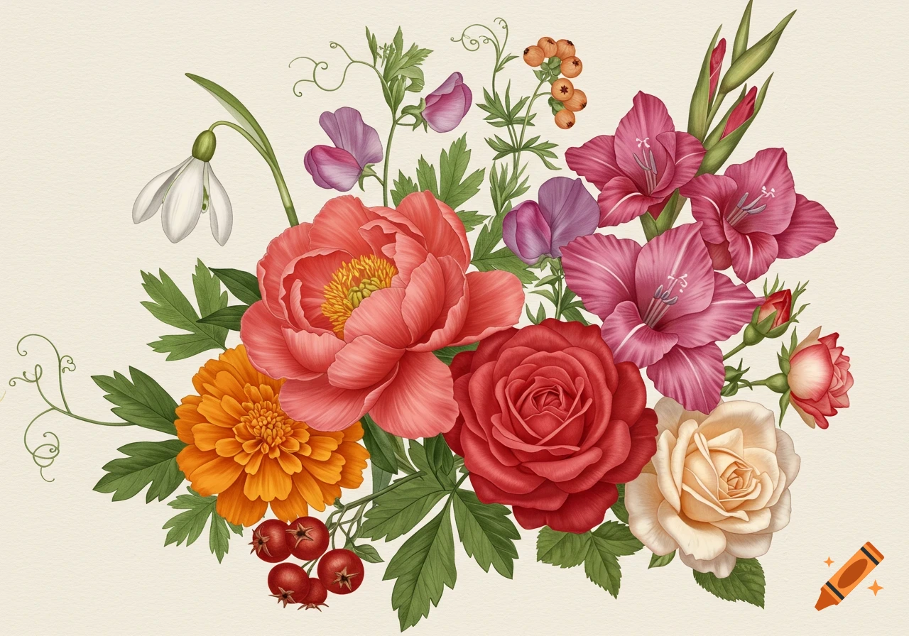 Botanical illustration of a colorful flower bouquet including peonies, roses, gladiolus, marigolds, sweet peas, and a snowdrop.