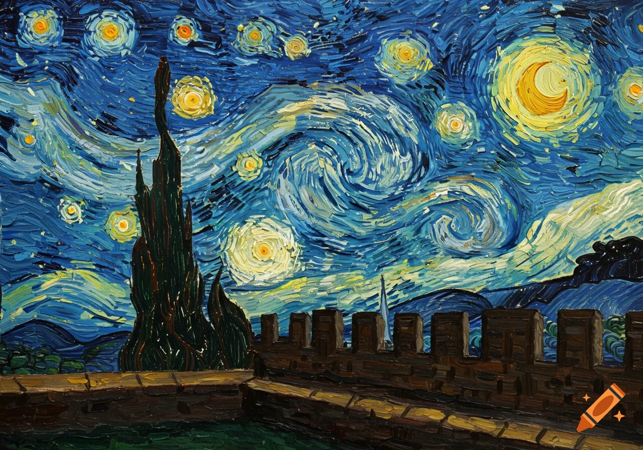 Painting in Van Gogh's Starry Night style showing a fortress wall and swirling night sky.
