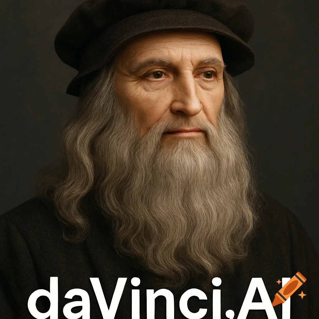 Photorealistic portrait of an old man with a long beard, resembling Leonardo da Vinci. Text 'daVinci.AI' is at the bottom.