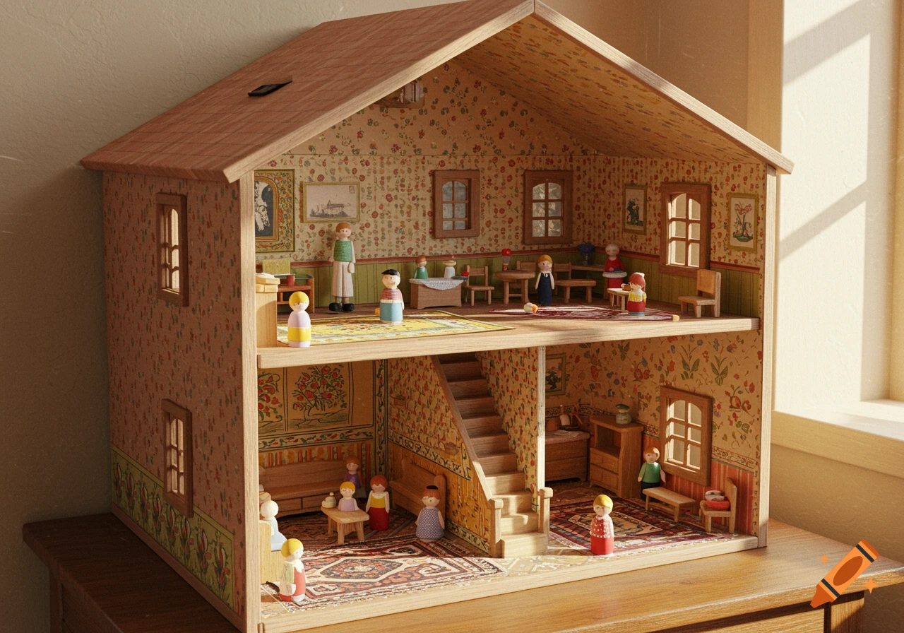 A detailed dollhouse with two stories, miniature furniture, and small wooden doll figures inside.