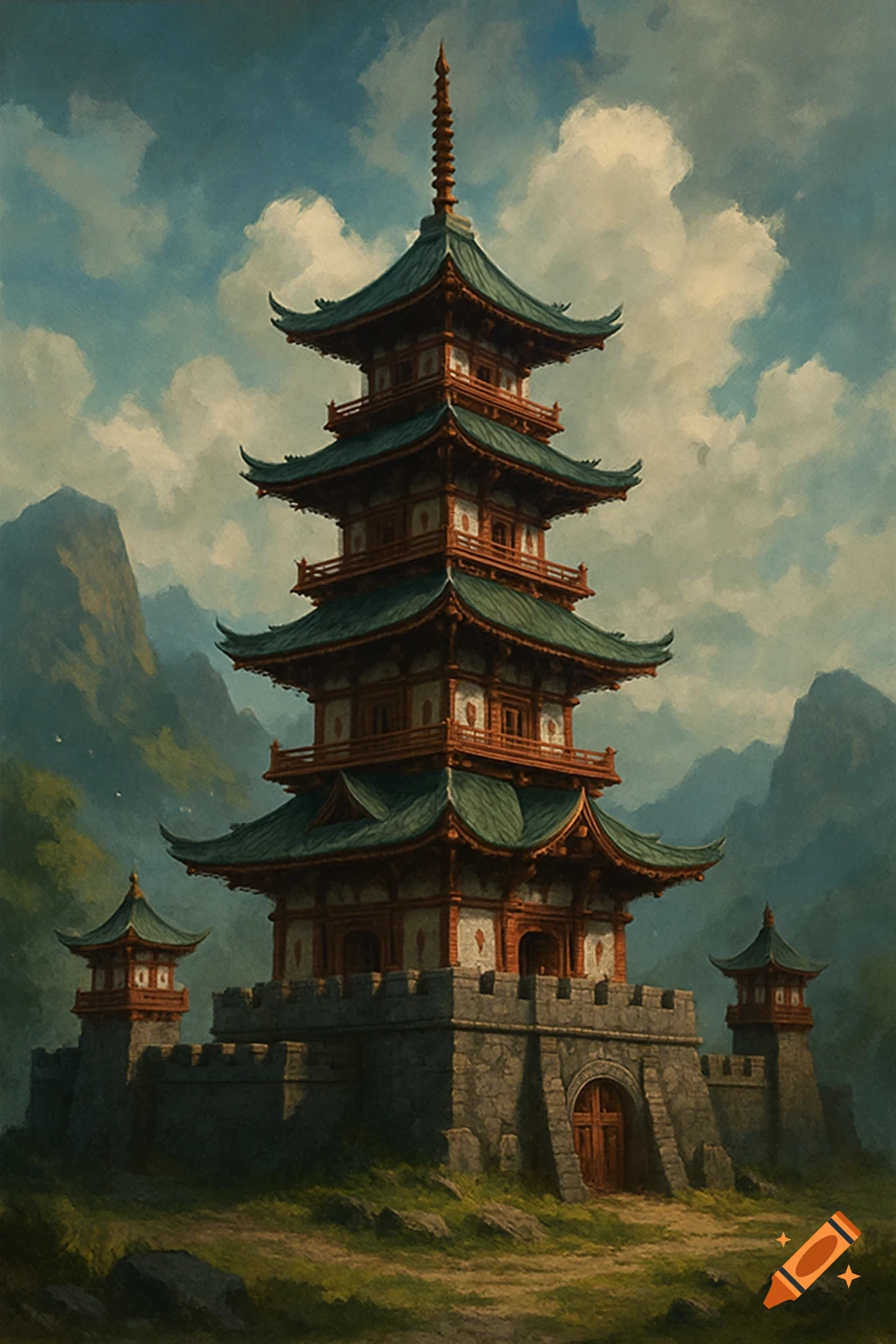 A tall, multi-tiered Japanese pagoda or tower stands on a stone base with smaller towers, set against mountains and clouds.
