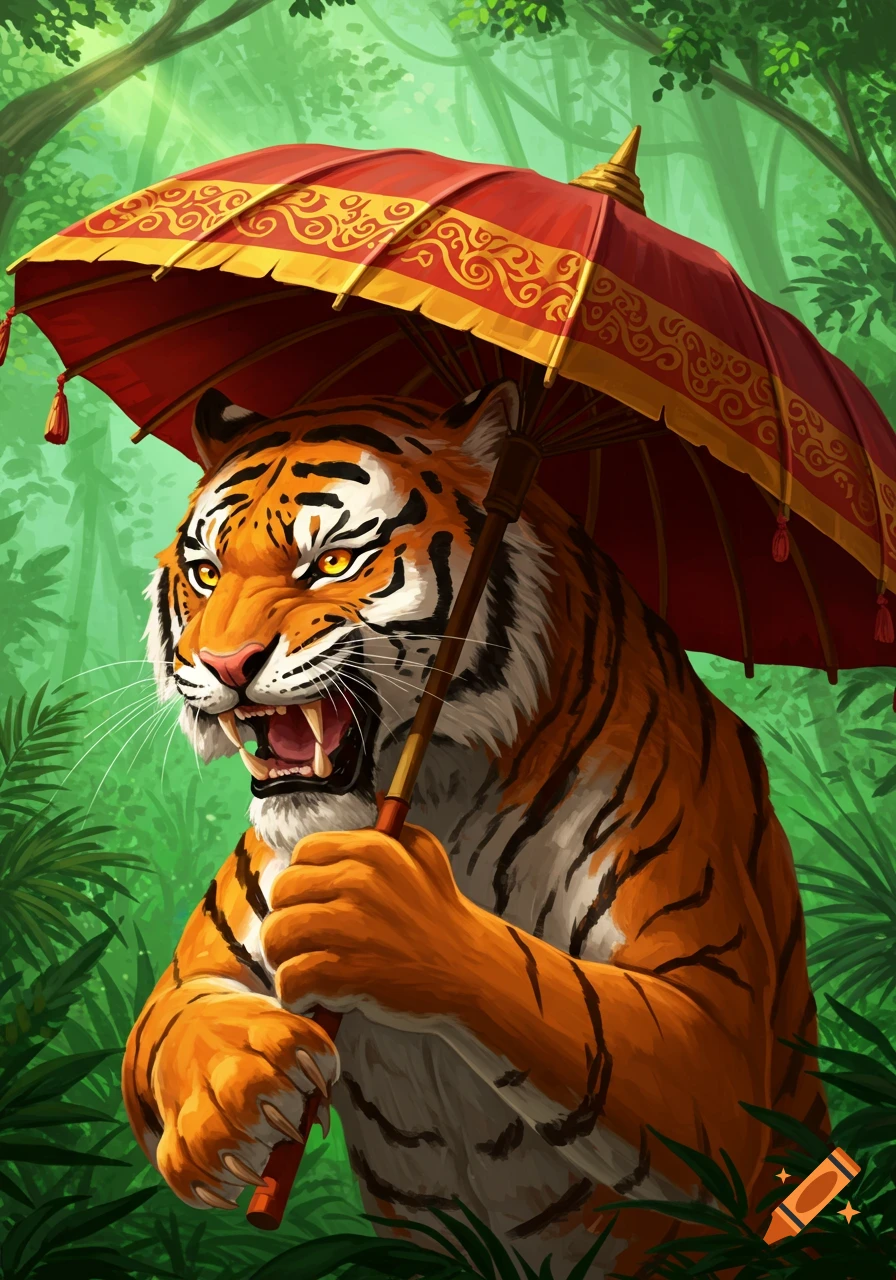Illustration of a fierce tiger holding a red umbrella in a lush jungle.