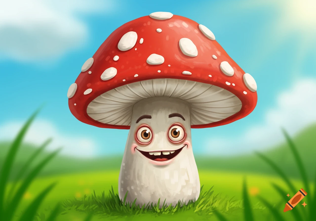 A cartoon mushroom with a face stands in a grassy field under a blue sky.