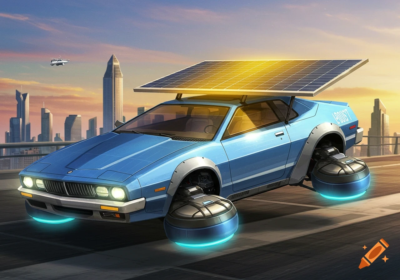 A futuristic blue car with a solar panel flies over a bridge with glowing wheels, against a city skyline at sunset.