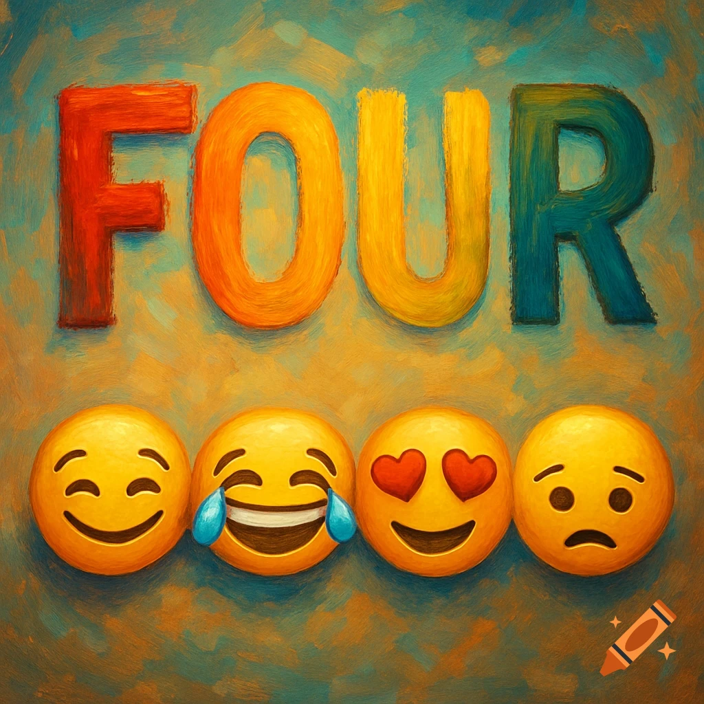 The word FOUR is displayed above four different emojis in a colorful, painterly style.