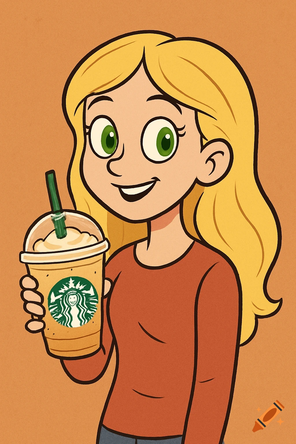 Cartoon blonde girl with green eyes holding a coffee cup