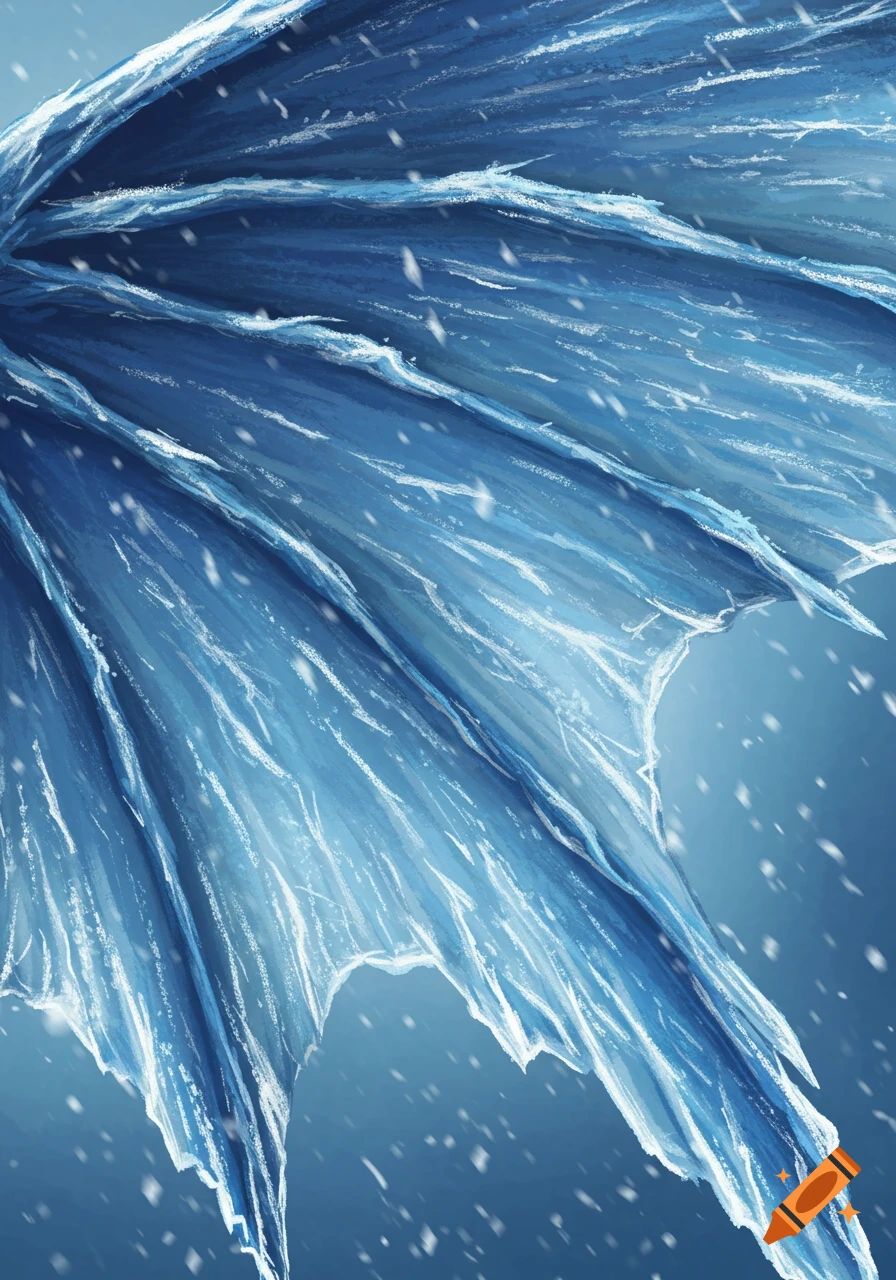 Close up of an icy dragon wing in a snowstorm, digital painting.