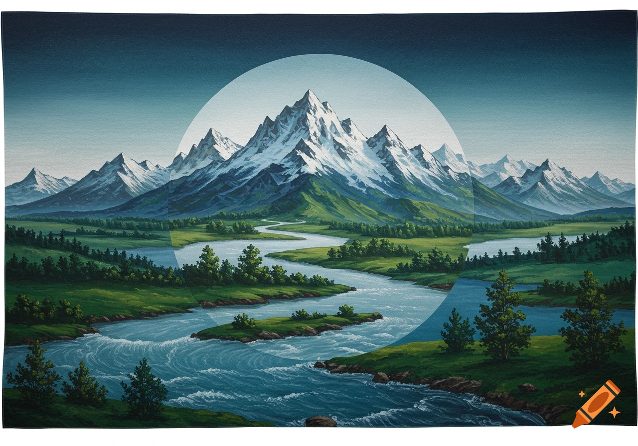 Painting of snowy mountains inside a white circle, with rivers flowing into a green valley with trees.