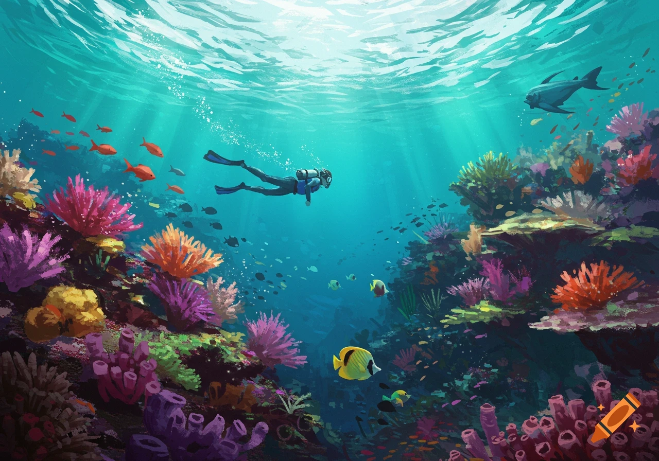 Illustrative scene of a diver swimming over a colorful coral reef with schools of fish and sunlight filtering down.