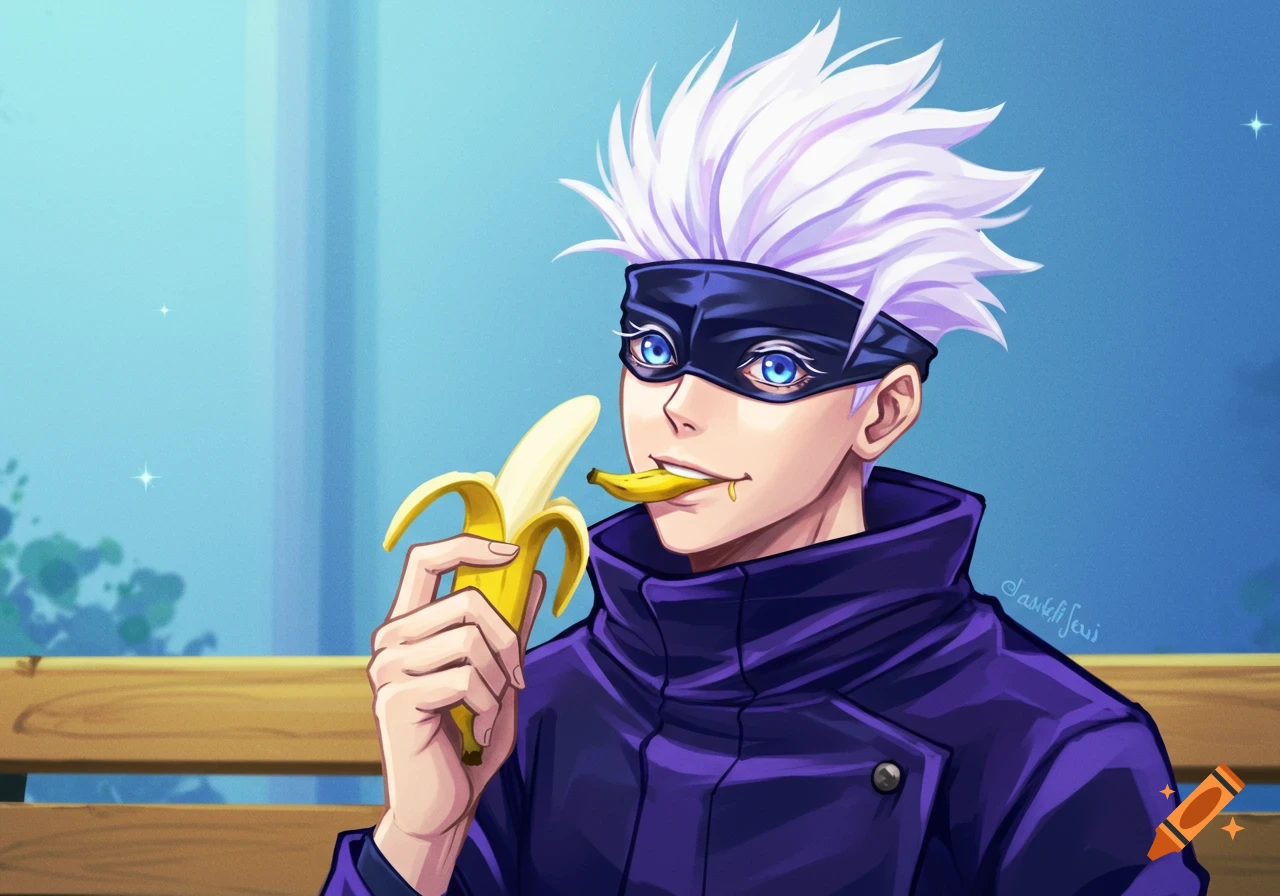 Anime character Gojo Satoru eating a banana