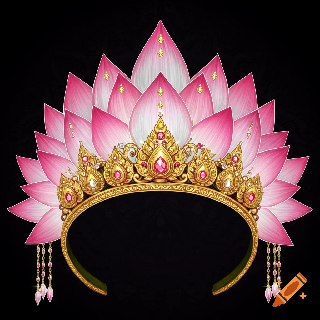 Gold and jeweled crown decorated with pink and white lotus petals on a black background.