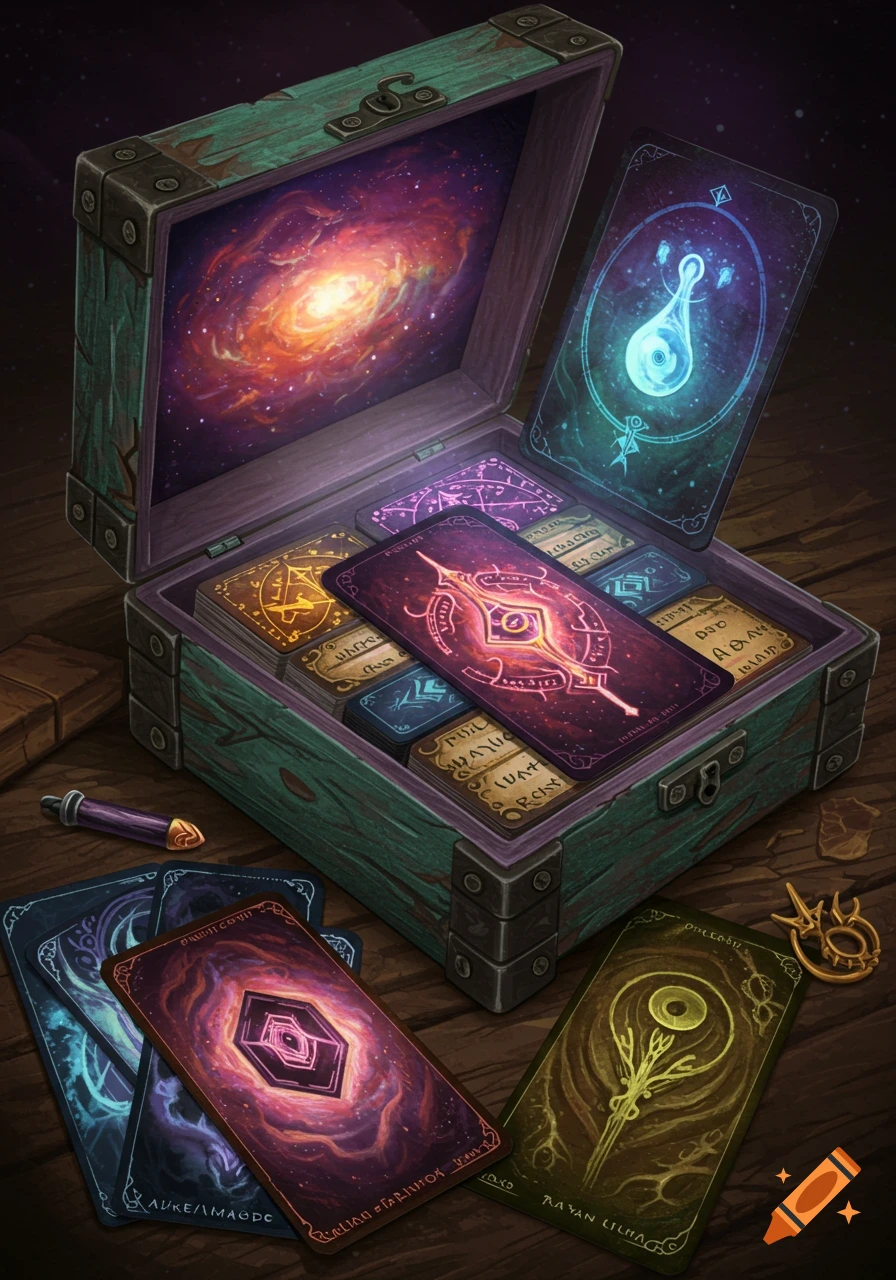 A treasure chest containing fantasy-themed cards with cosmic and magical artwork.