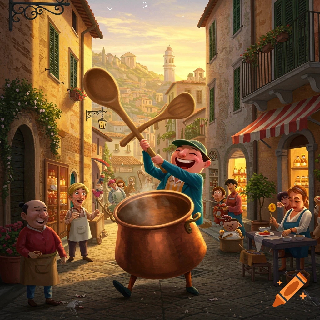 Cartoon illustration of a character holding giant spoons over a pot in an Italian street scene with people.