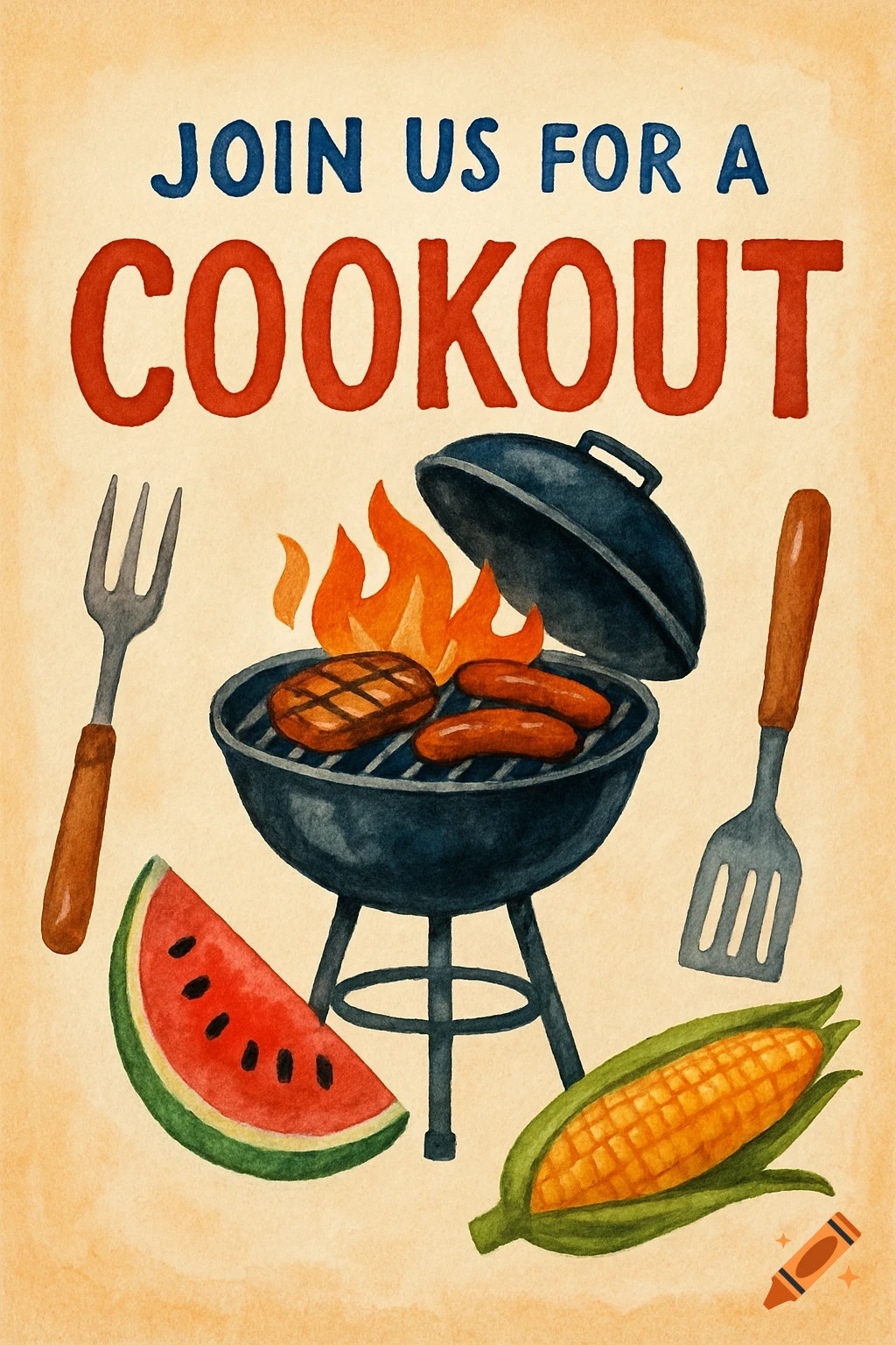 Watercolor illustration of a cookout invitation with text, grill, food, and watermelon.