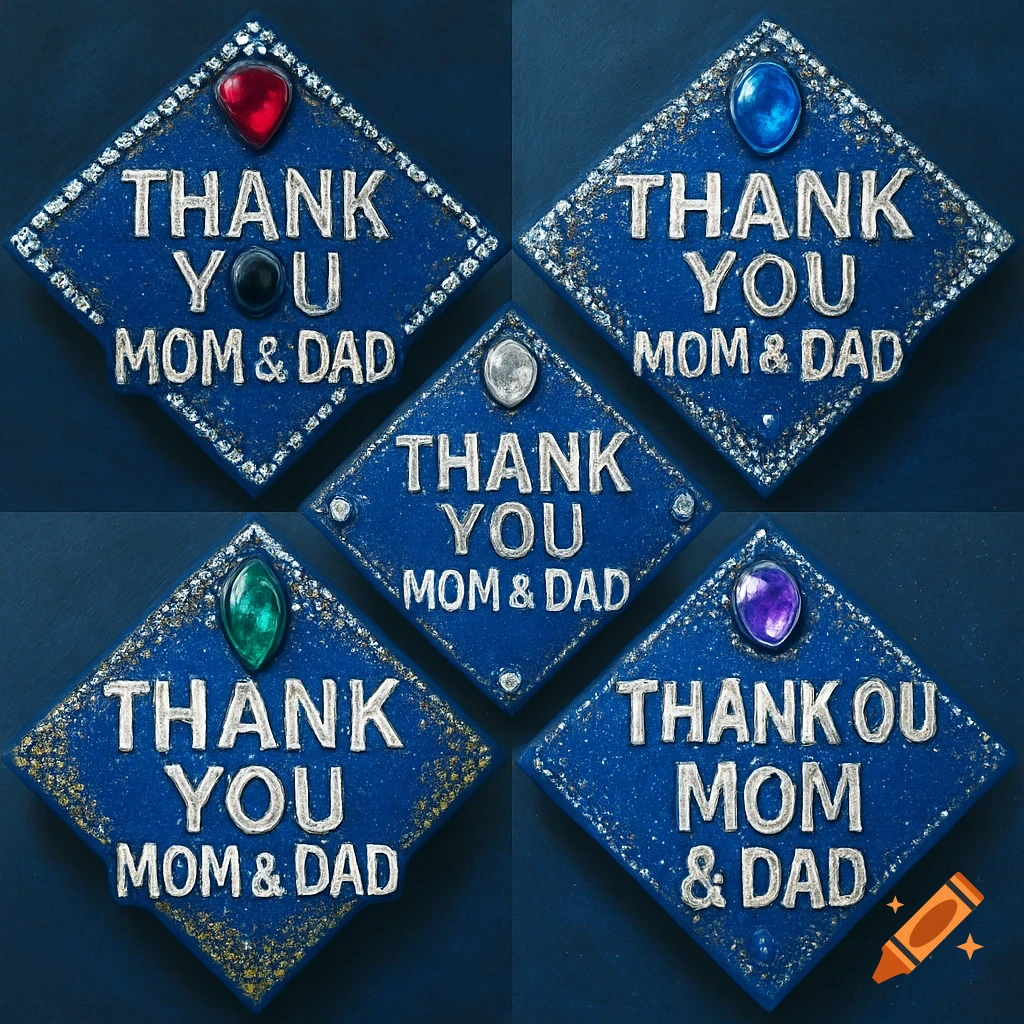 Five blue graduation caps decorated with gemstones, glitter, and thank you text.
