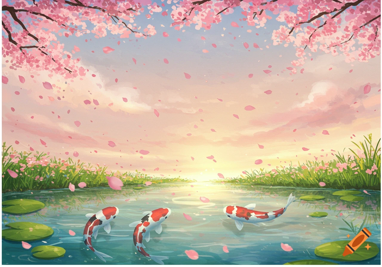 Three koi fish swim in a pond under falling cherry blossoms at sunrise, painterly style.