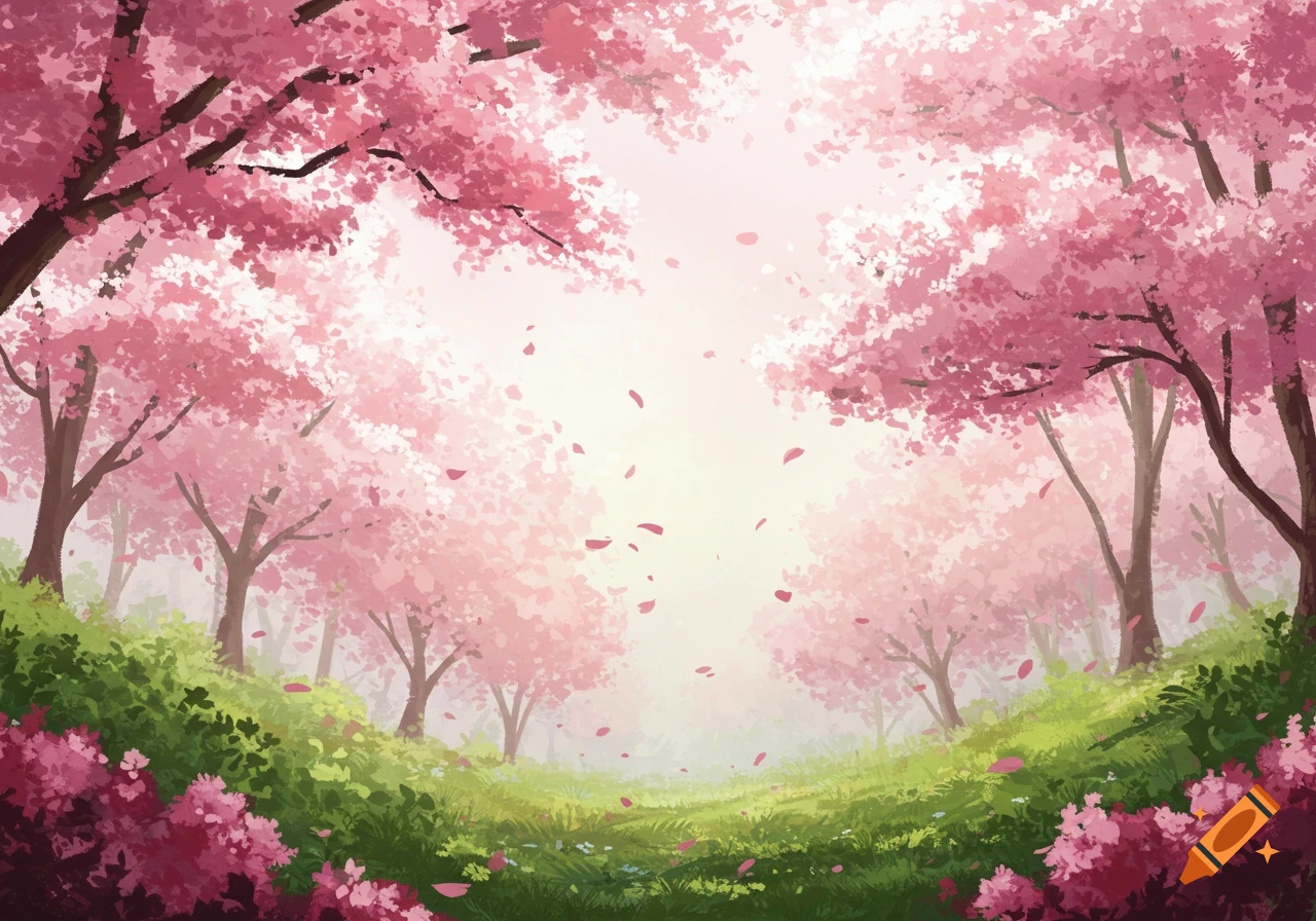 A forest scene filled with pink cherry blossom trees, falling petals, and green grass in a soft, illustrative style.